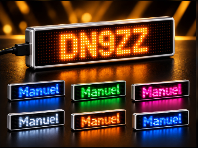 LED-Namensschild DN9ZZ und fünf verfügbare Farben mit Manuel als Beispiel